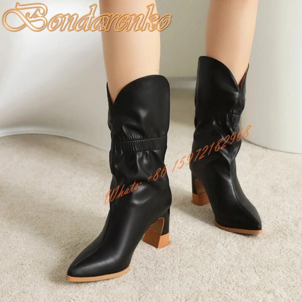 

Retro Mid Calf Elastic Boots Pointed Toe Solid Women Shoes Chunky High Heels Slip On Cut Outs Autumn Dress Casual Short Boots