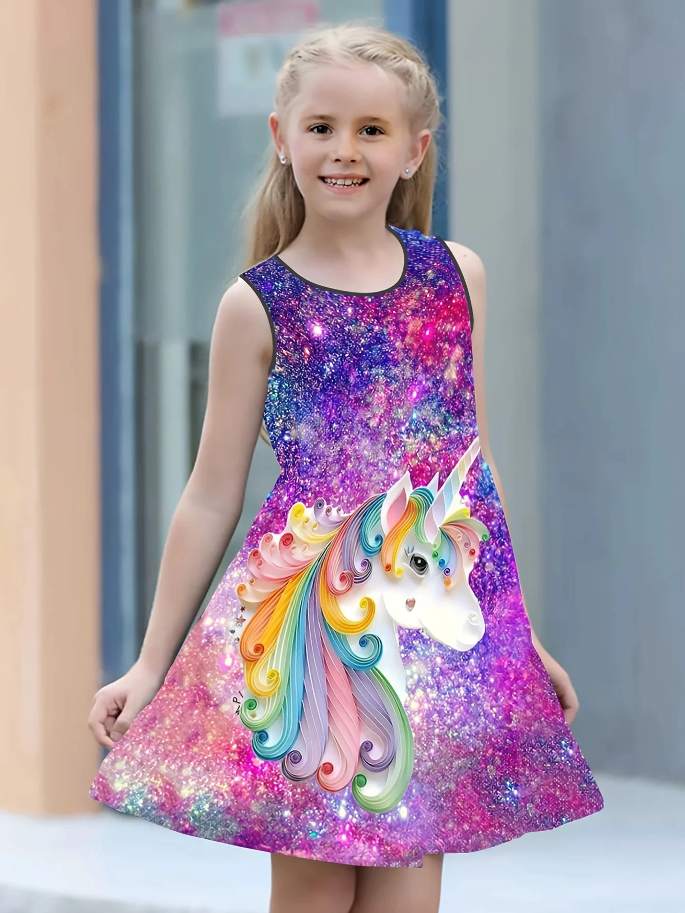 Summer 2-15 years old girls Fashion Novelty Cute Unicorn Print Sleeveless Dress Casual Comfortable Breathable Party Dresses