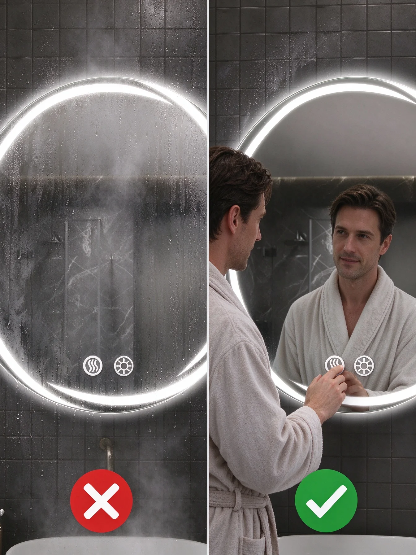 Frameless Round LED Bathroom Mirror 58×58cm Anti-Fog Dimmable Cool White Light Touch Control Explosion-Proof Tempered Glass Wall Mount Vanity Mirror for Bathroom