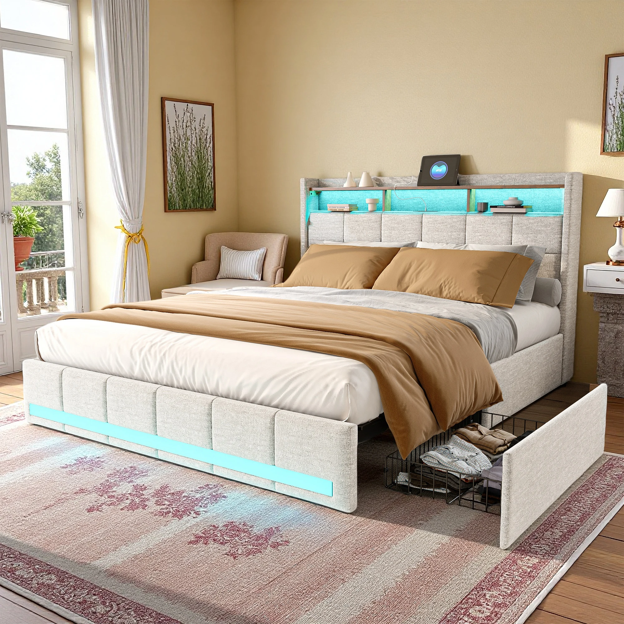 Letto imbottito Superaly 160x200 cm con 4 cassetti, letto matrimoniale con testiera contenitore, letto con spazio di archiviazione, struttura letto co