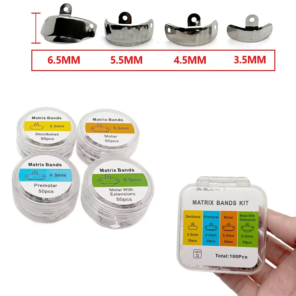 

Multi-Size Dental Metal Matrix Band Set 3.5/4.5/5.5/6.5mm Professional Contoured Bands for Tooth Restoration