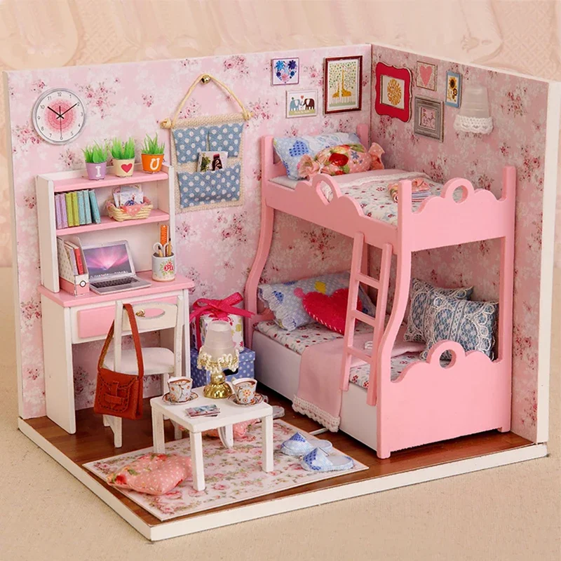Drewniany mini miniaturowy domek dla lalek DIY mały domek zestaw pokój produkcyjny zabawki księżniczki dekoracja sypialni w domu z meblami prezenty — zdjęcie 2