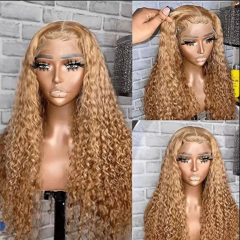 200 Density #27 Honey Blonde Lace Front Wig 30 Inch Deep Wave Frontal Wig Curly Human Hair Wig 13x4 13x6 Colored Human Hair Wigs image 3