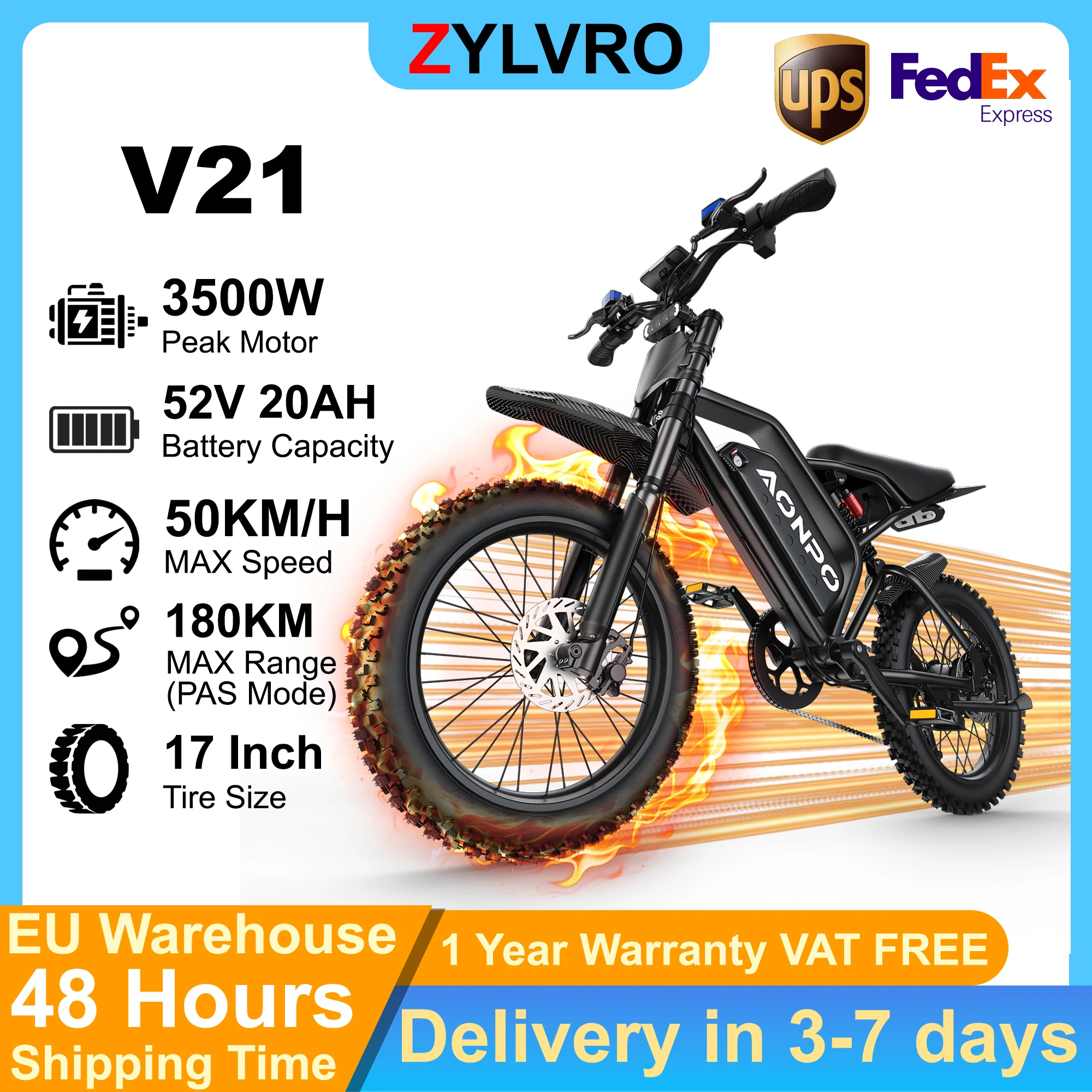 ZYLVRO V21 Bici Elettrica con Pneumatici Fat da 17 Pollici, Motore da 3000W, Batteria 52V 20Ah, Autonomia Massima 100km, Sospensione Completa, 7 Velocità; Velocità Massima: 50 Km/h