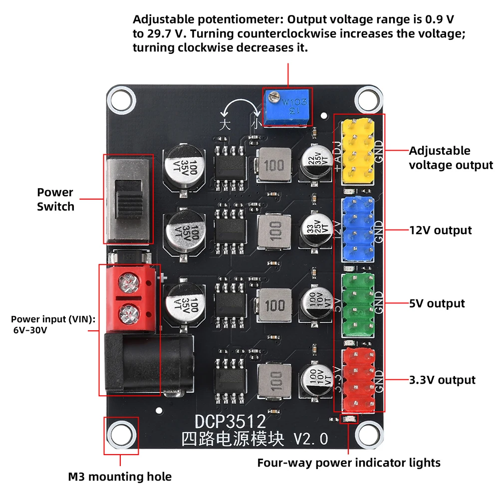 DC-DC Conversion Module DC6V-30V to DC0.9V-29.6V Adjustable Output DCP3512 Four-Way Power Module Power Switch