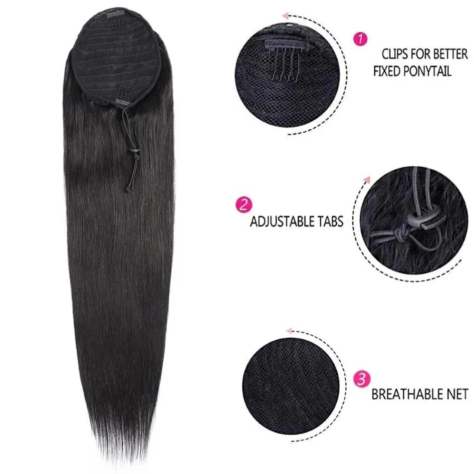 Extensiones de cabello humano con cola de caballo con cordón para mujer, cordón recto Natural de 22, 24 y 26 pulgadas, extensión de cola de caballo de cabello humano