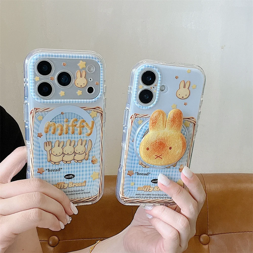 

Plaid Cookie Miffy Rabbit Magnetic Phone Case for iPhone 17 16 Pro Max 15 16 17 Pro 15 Pro Cover With Magsafe Stand Cute Cases