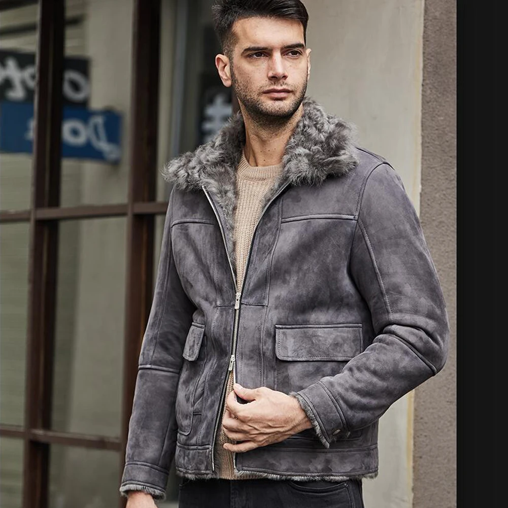 Denny&Dora Mens Short Shearling Jacket Suede Sheepskin Jacket Casual Coat Grey Leather Jacket