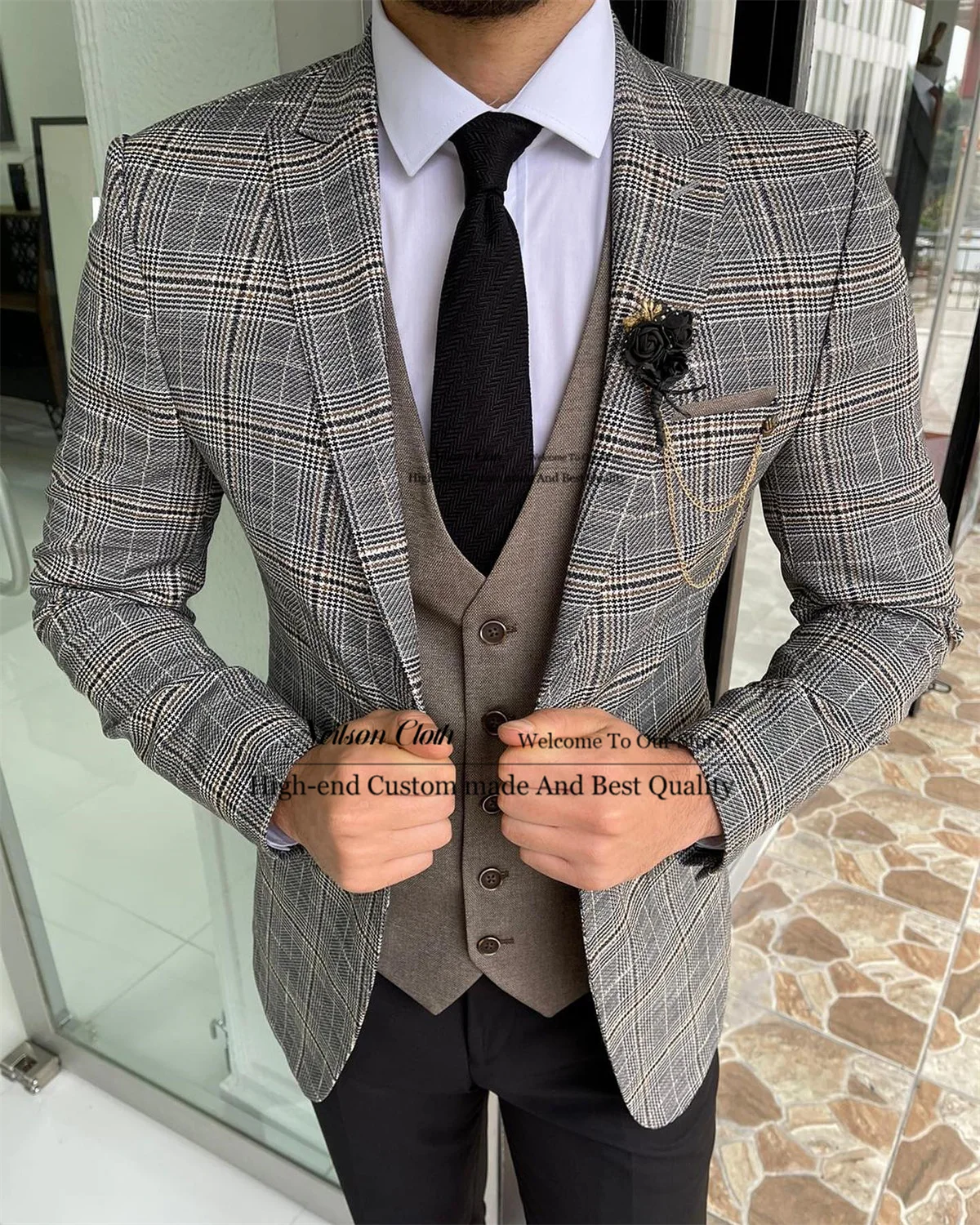 

Formal Peaked Lapel Men Suits 3 Pcs Set Groom Wedding Tuxedos Plaid Jacket Male Prom Blazers Slim Fit Business Costume Homme