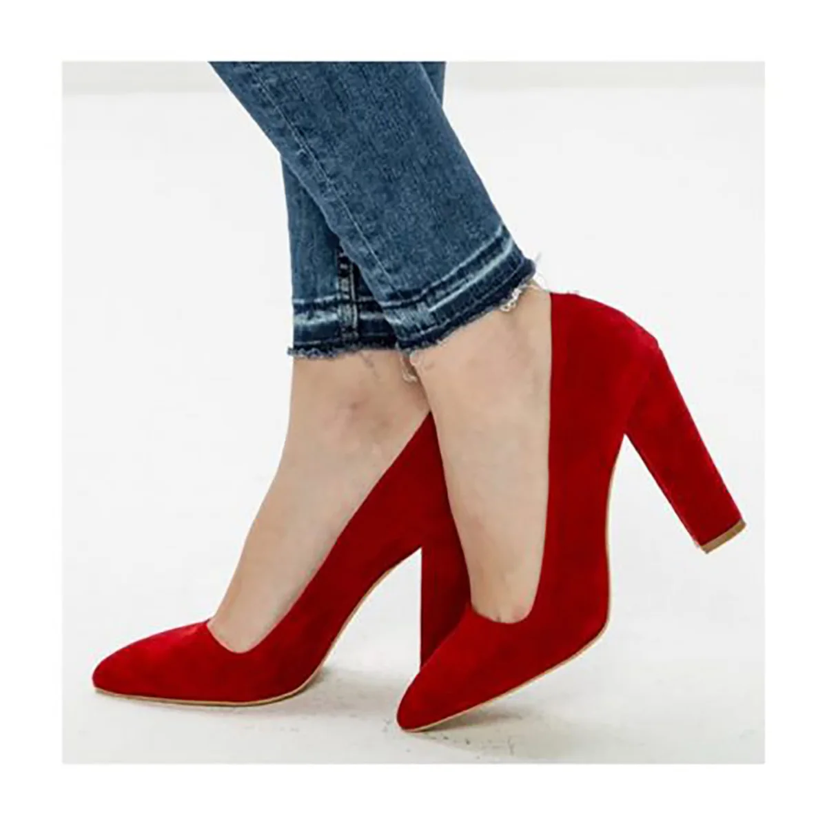 Red Suede Big Size Women Shoes 34-45 Casual Work Shoes Chunky Heels for Women Office Ladies Work Daily Pointed Toe