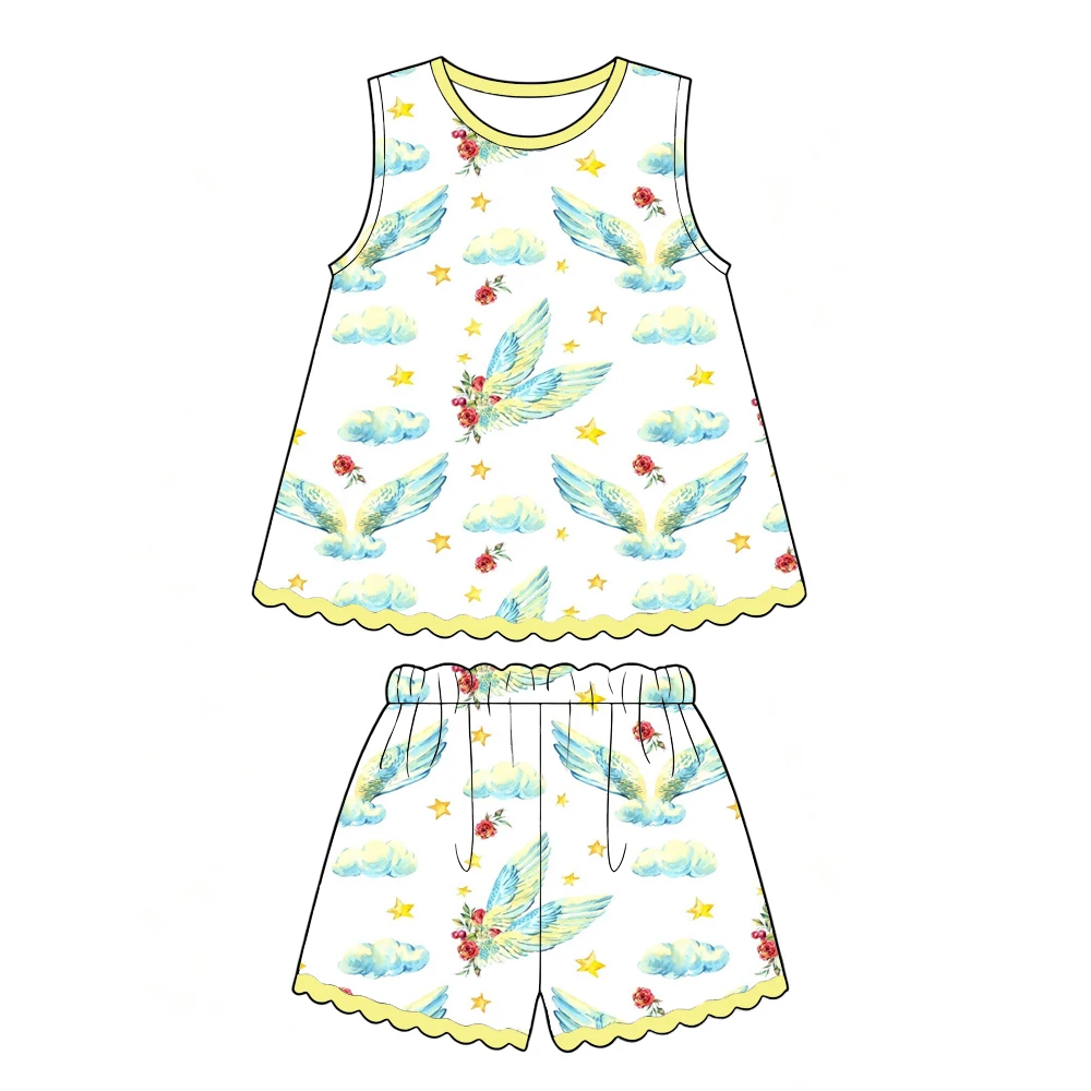 New summer clothing sleeveless shorts lace girl set striped chick print pajama set Boutique Children's Set