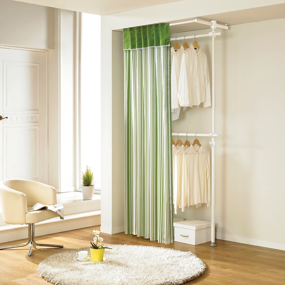 Curtain 2-Tier Hanger Wardrobe Storage, Height & Width Adjustable Coat Hanger with Tension Rod, Clothes Hanger and Adjustable Closet Organizer green stripe