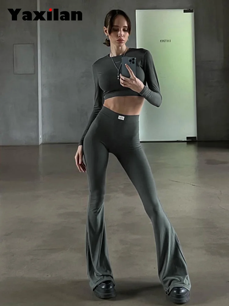 InsLucky-Casual Sports Suit for Women,High Waist Flare Pants,O Neck Long Sleeve,Slim Crop Top,Two Piece Set,Solid Tracksuit,2024