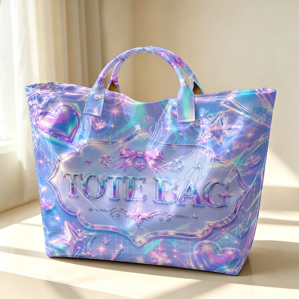 1pc Holographic Heart Star Print Women Tote Bag Handbag, Y2K Glitter Aesthetic Large Capacity Ladies Hand Tote Bag For Daily Use