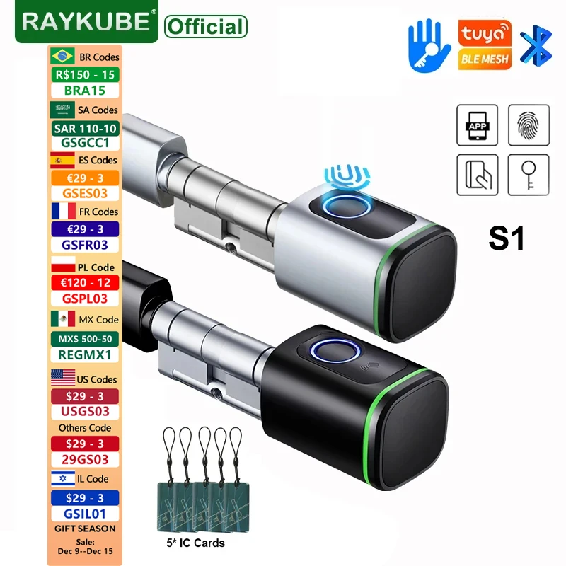 RAYKUBE S1 Tuya BLE TT Lock Smart Electronic Door Lock with DIY Cylinder Core Fingerprint APP Keys IC Card Unlock for Home Hotel