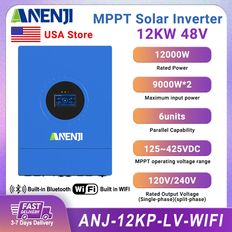 ANENJI سبليت المرحلة 12KW 48V الهجين العاكس للطاقة الشمسية الموازية 120 فولت/240Vac موجة جيبية نقية 2 MPPT العاكس 220A شاحن بالطاقة الشمسية الكهروضوئية 500 فولت