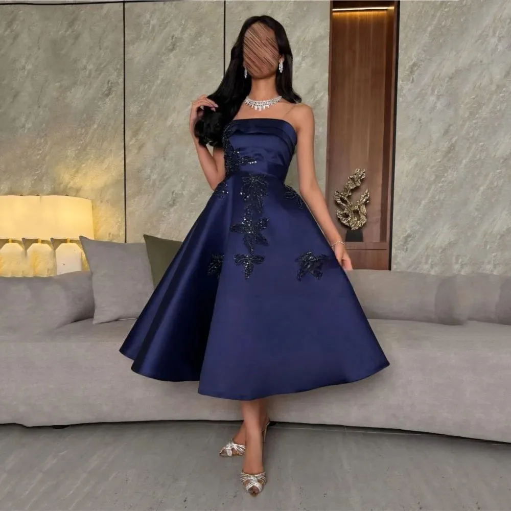 

Msikoods Navy Blue Evening Dresses Strapless Satin A Line Party Dress Beading Appliques Cocktail Dress Formal Gown Customized