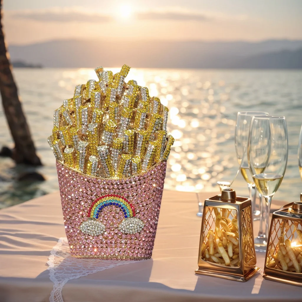 

Unique French Fries Chips Rhinestone Bag for Women Sparkly Crystal Clutch Evening Party Handbag Purses for Wedding Prom