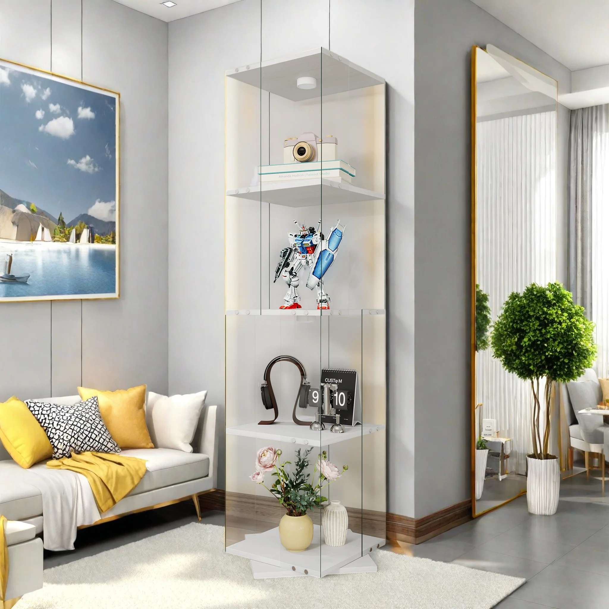 Vitrina de cristal, armario de cristal con 4 estantes, vinoteca giratoria de 360° y vitrina de colección para figuritas, baño y cocina, diseño moderno en blanco, capacidad de carga de hasta 2 kg.