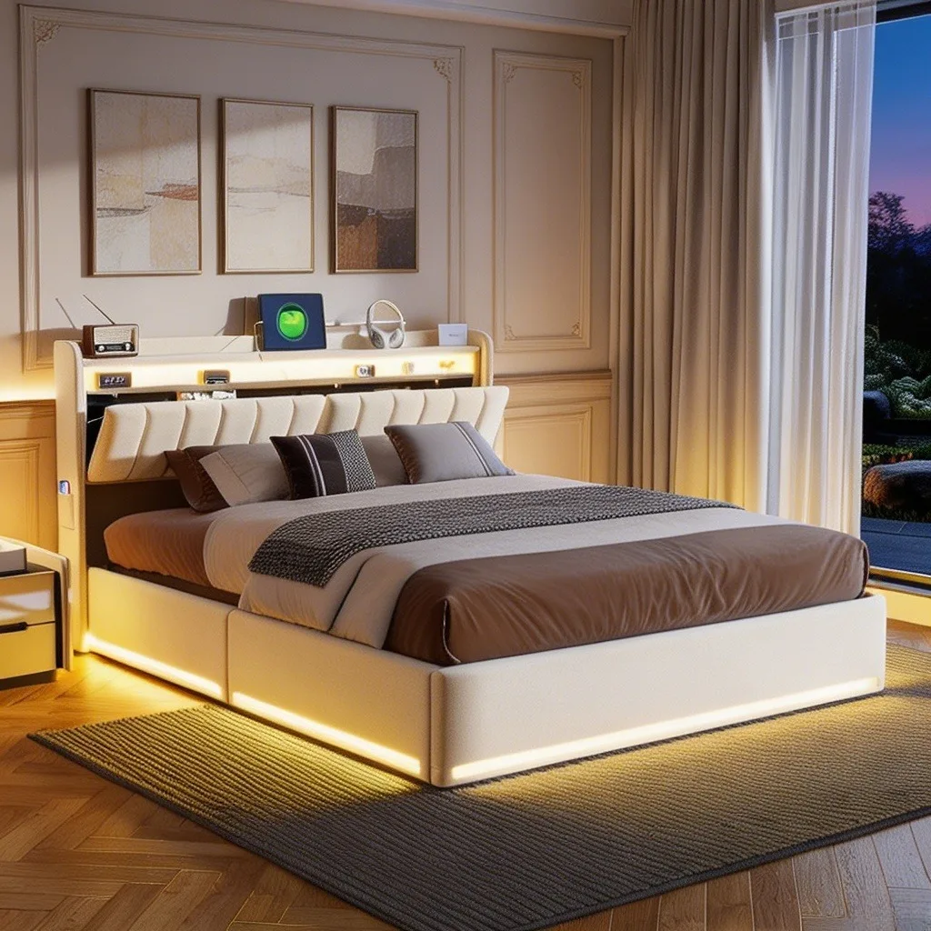 MINGZHE Cama con almacenamiento de 140 x 190/140 x 200/160 x 200 cm con LED y USB, cama doble tapizada con almacenamiento y cabecero, con base de listones, para adultos y adolescentes, terciopelo (colchón no incluido)
