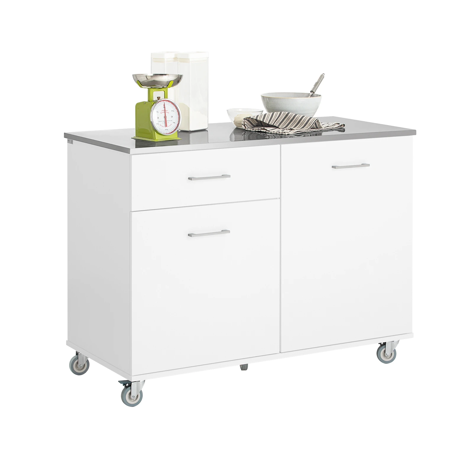 SoBuy FKW117-W Isola da cucina su rulli con piastra di lavoro in acciaio inox Carrello da bar con 1 cassetto Bianco 120x90x56 cm