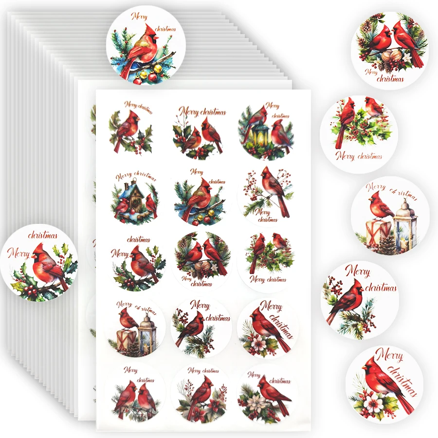 150 Pcs Christmas Cardinal Bird Stickers Set,  Round 3.8cm Scrapbooking Stickers Sheets with Merry Christmas Designs.
