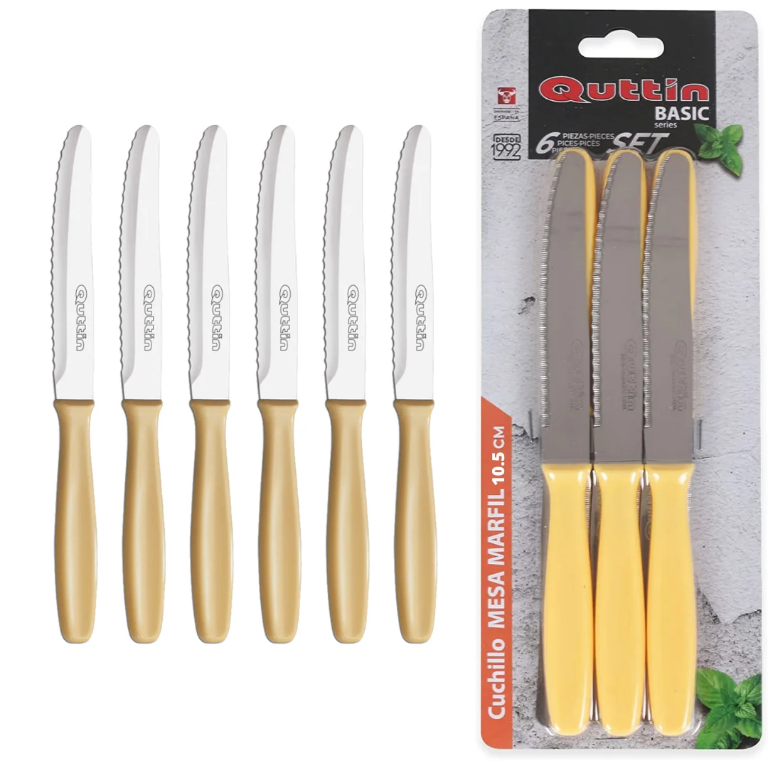 Krown - Set of 6 Knives with Ivory Handle Table Saw, Steak and Kitchen, 10.5 cm Edge, Practical and Resistant Black Handle, Stainless Steel, Kitchen Utensils for the Home, for All Types of Meats and Vegetables