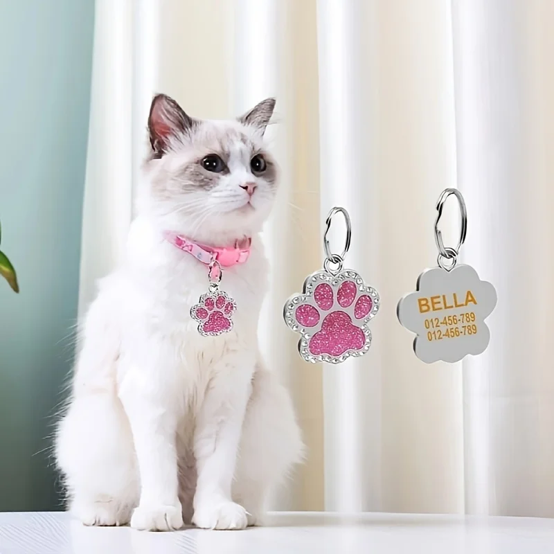 Etiqueta de Identificação Personalizada para Cães e Gatos com Strass Brilhante, Placa de Nome para Filhotes e Gatinhos, Acessórios Anti-perda para Coleira de Animais de Estimação, Produtos para Pets com Gravação Gratuita