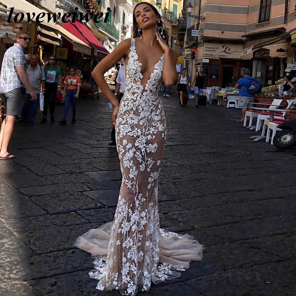 Vestido De novia de sirena De encaje, traje Sexy con escote en V, bohemio, Espalda descubierta, personalizado