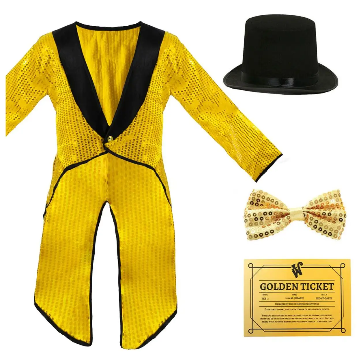 Kids Chocolate Factory Boss Costume - Gold Sequin Tailcoat, Top Hat, Bowtie & Golden Ticket - World Book Day Oufit