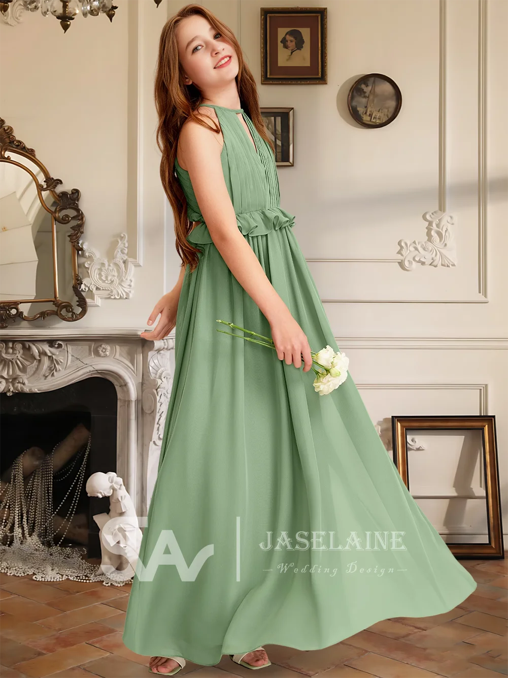 

A Elegant Navy Blue A-Line Halter Floor-Length Chiffon Junior Bridesmaid Dress Flower Girl Dress Girls Party Wedding Formal Kids