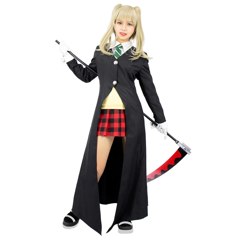 

DAZCOS Soul Eater Maka Albarn Cosplay 6PCS Jacket+Vest+Shirt+Tie+Plaid Skirt+Gloves for Women Full Set Trench Uniform Halloween