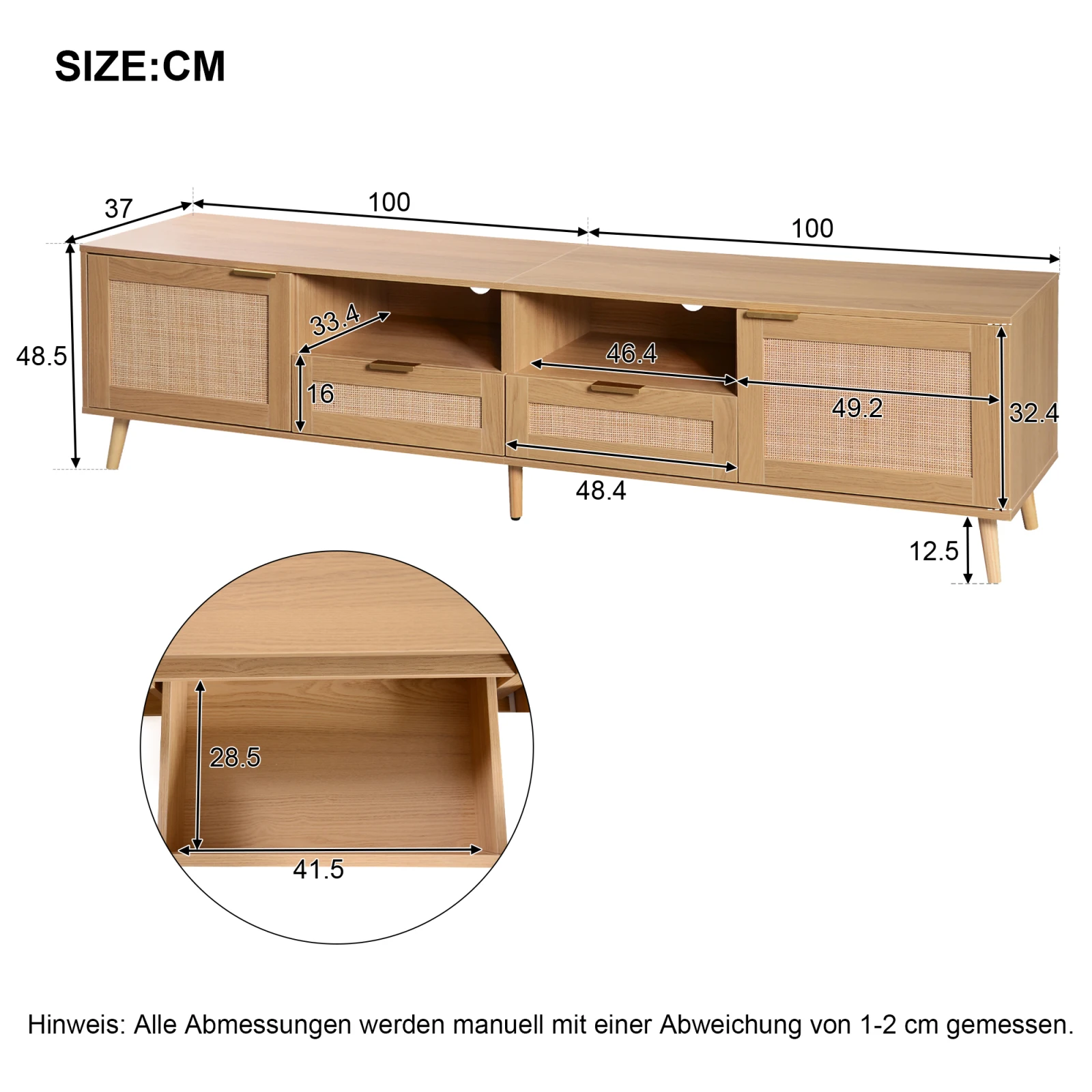 TV-Konsolen tisch, 200*37*49cm, TV-Schrank mit echtem Rattan-Design, TV-Schrank mit Massivholz füßen, geflochtene Rattan-TV-Boards