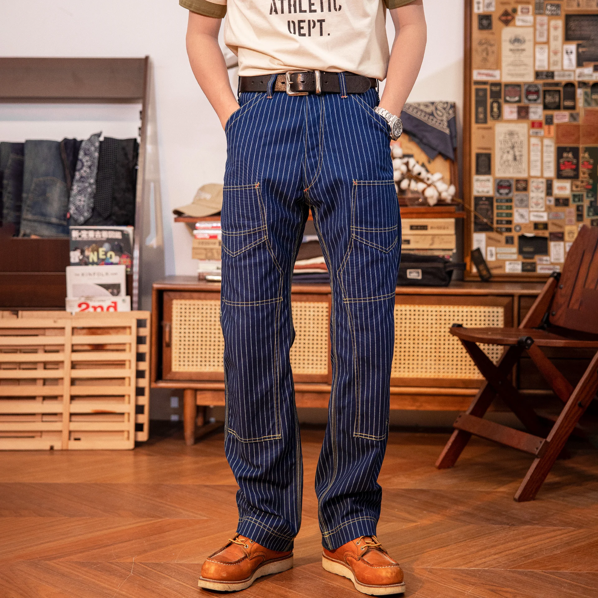 FW-0011 Mens Cotton Canvas High Quality Casual Stylish Indigo Wabash Trousers Mans Vintage  Cargo Pants