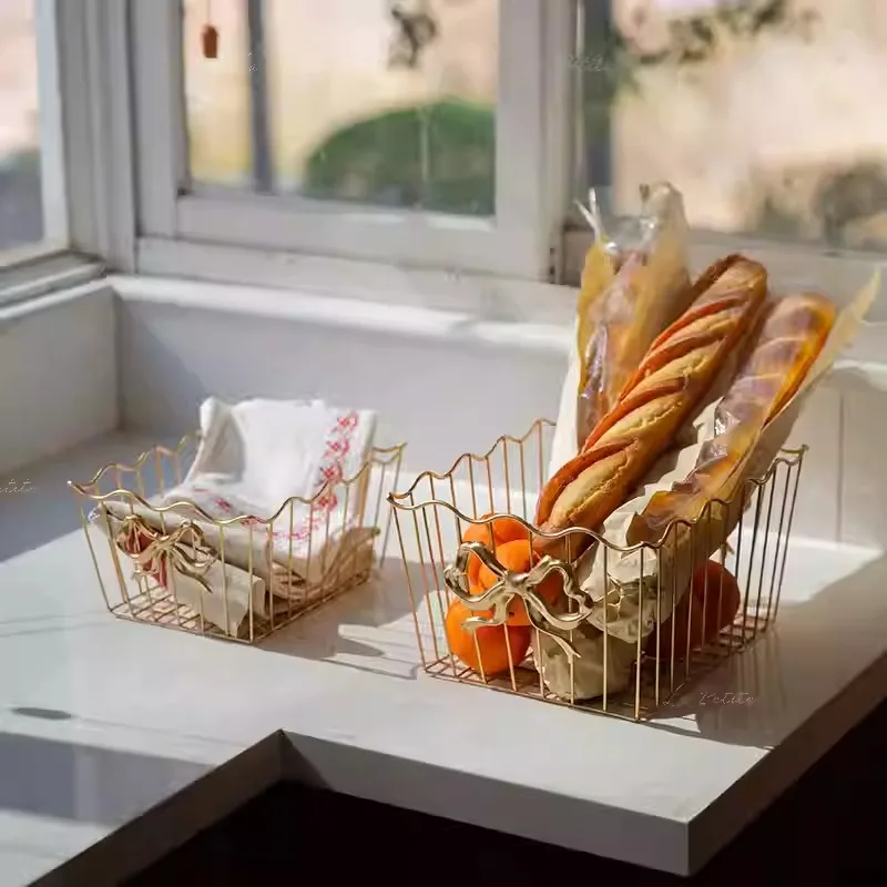 Luxury Gold Bow Metal Wire Basket Set of 2, Anti-Rust Fruit Bread Towel Holder, Kitchen Bathroom Desktop Organizer