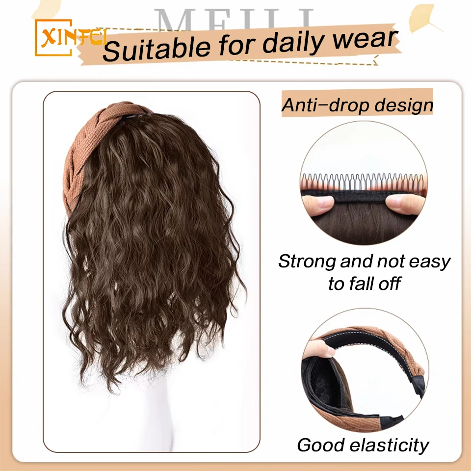 XINFEI Long Wavy Curly Headband Wig Clip on Hair Extension U-Shaped Hairpieces Synthetic Natural Fake Half Wig for Women