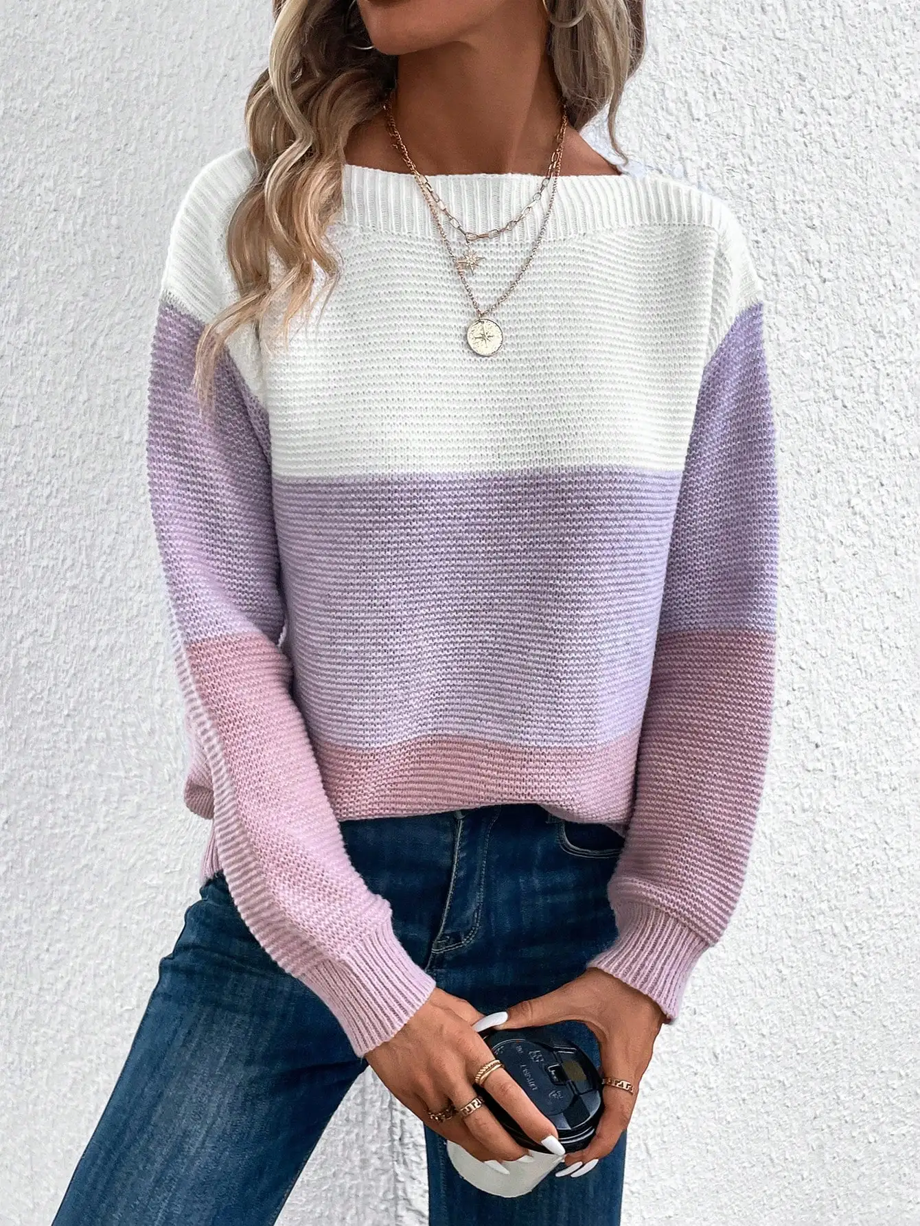 Elegant Three-color Patchwork Sweater Women Daily Commuter Casual Loose Jumpers Female Autumn Winter Knitted Thickened Warm Tops