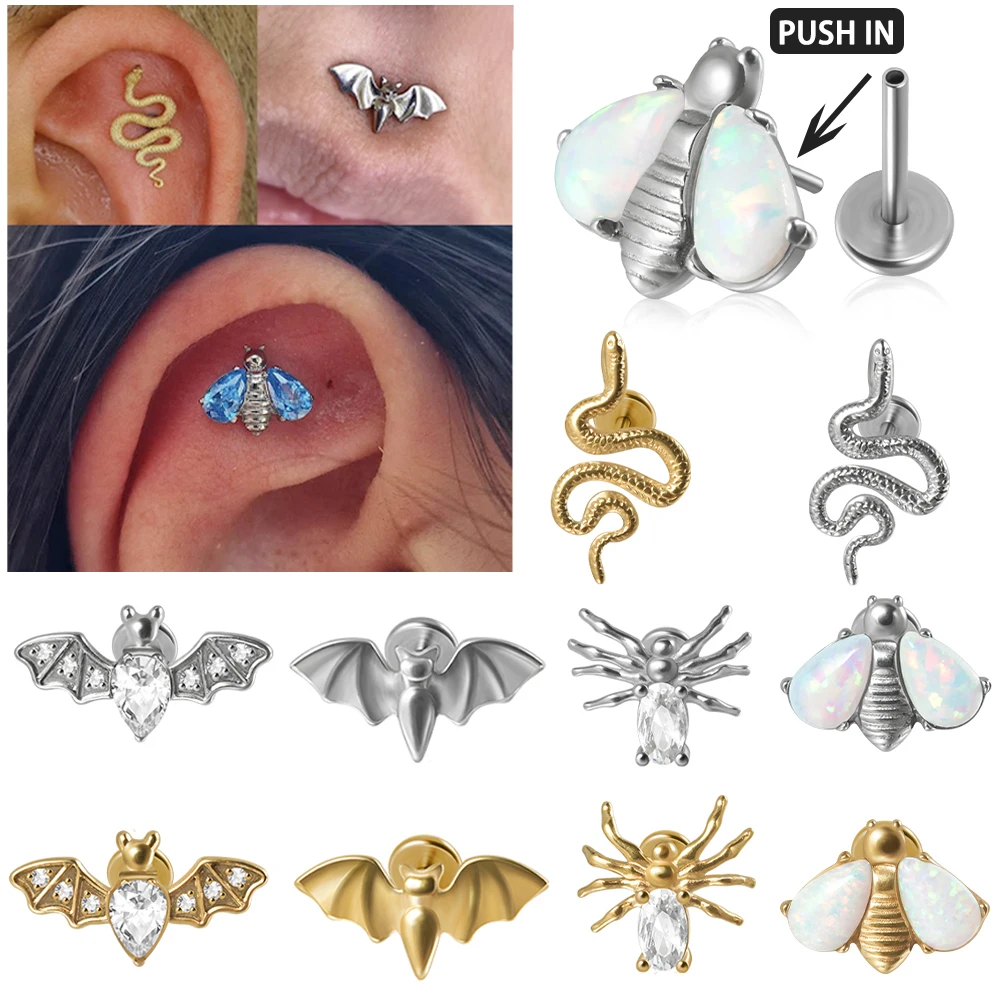 Stainless Steel Threadless Labret Studs Lip Rings Retainer Opal Bee Bat Snake Spider Cz Cartilage Ear Tragus Helix Lobe Earring