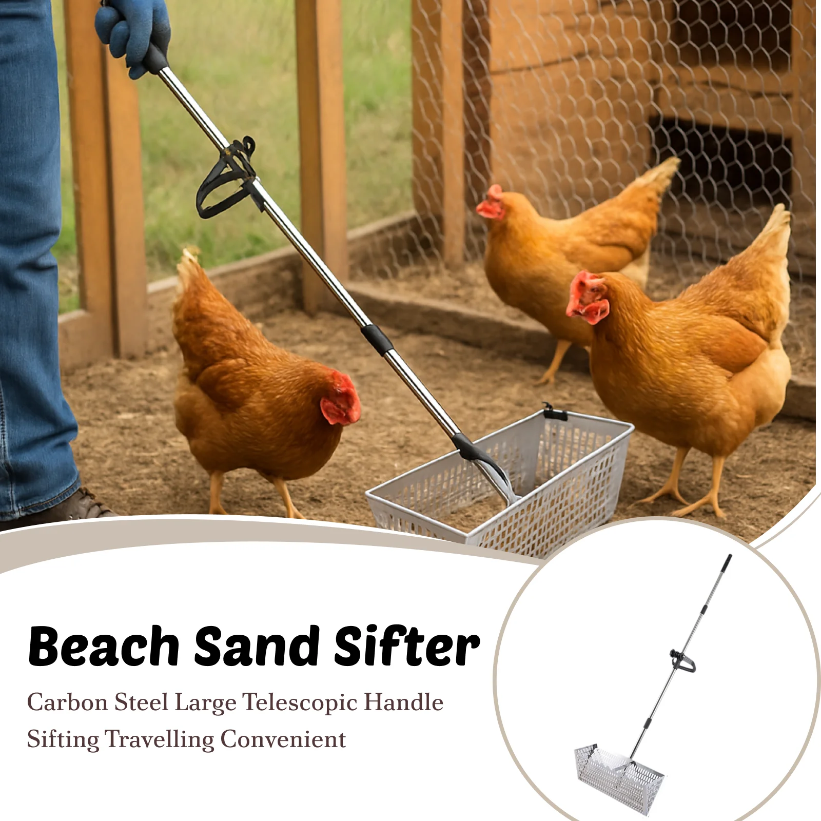 Sand Rake Large Carbon Steel Telescopic Handle Wide Basket Beach Sifter Scooper for Kitten Litter Boxes Scoops Easy Clean up