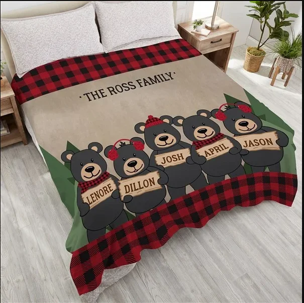 

Personalized Family With Names Bear Blanket Holiday Plush Fleece Multiple Sizes Gift Christmas For Family Members