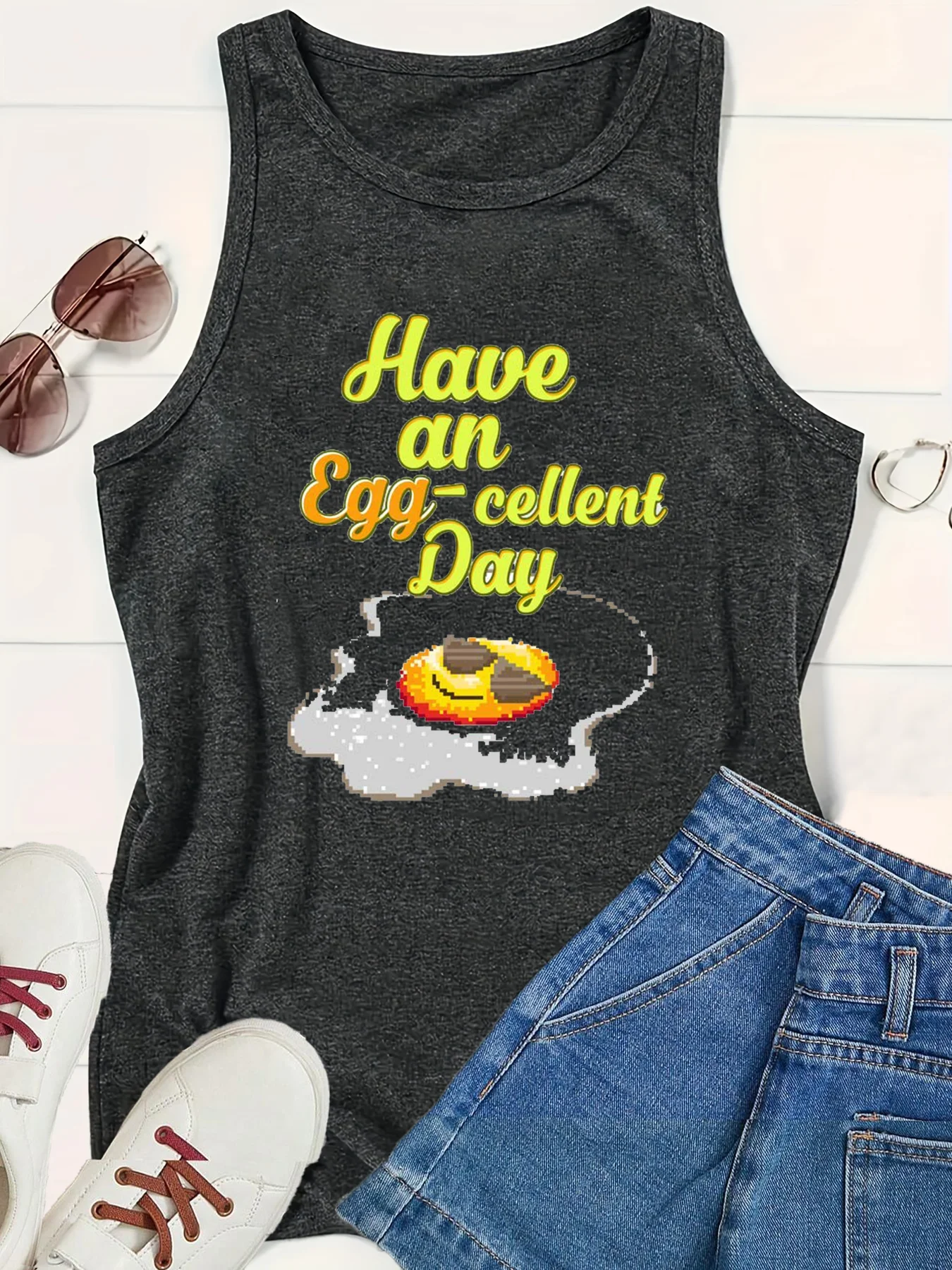 Have an Eggcellent Day Pixel Art Egg mouwloze tanktop voor dames, Kleur wit Loose O Neck Sleeveless Casual Women's Tank Top