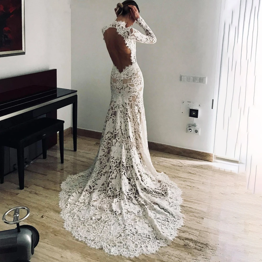 Open Back Rustic Floral Lace High Neck Bridal Gown Backless Customized Muslim Long Sleeves Mermaid Elopement Boho Wedding Dress