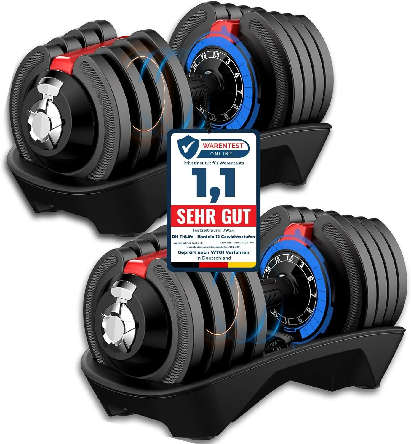 Verstellbare Hanteln 1,5 bis 18 KG mit 12 Gewichtsstufen,  Kurzhanteln Hanteln Set mit Hantelscheiben, Hanteln Kurzhanteln verstellbar, variable Gewichte 12 in 1 (18KG X 2)