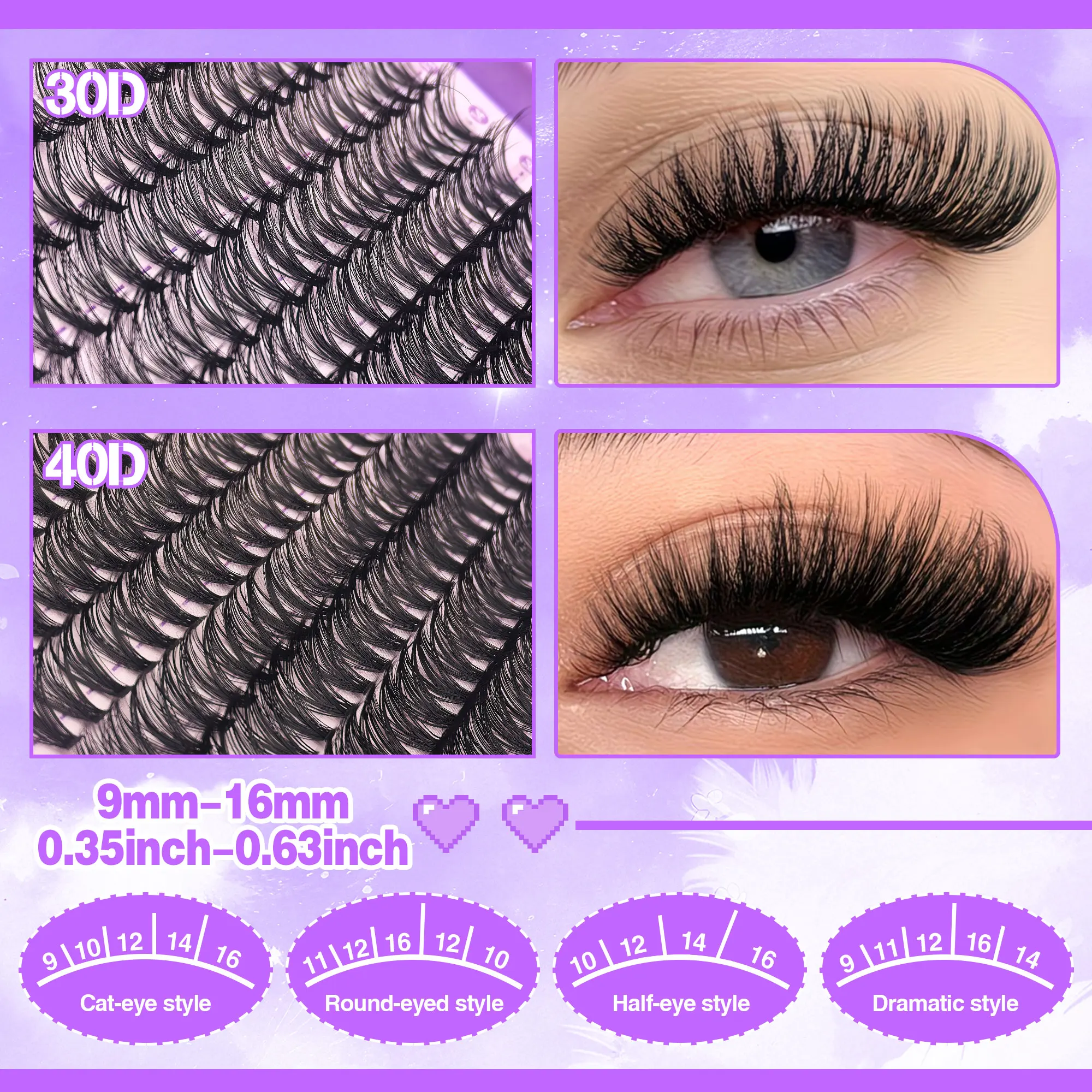 640 Bündel 30D+40D gewellter künstlicher Wimpern, leicht und angenehm, für einen natürlichen und einzigartigen Make-up-Effekt. – Detail 2