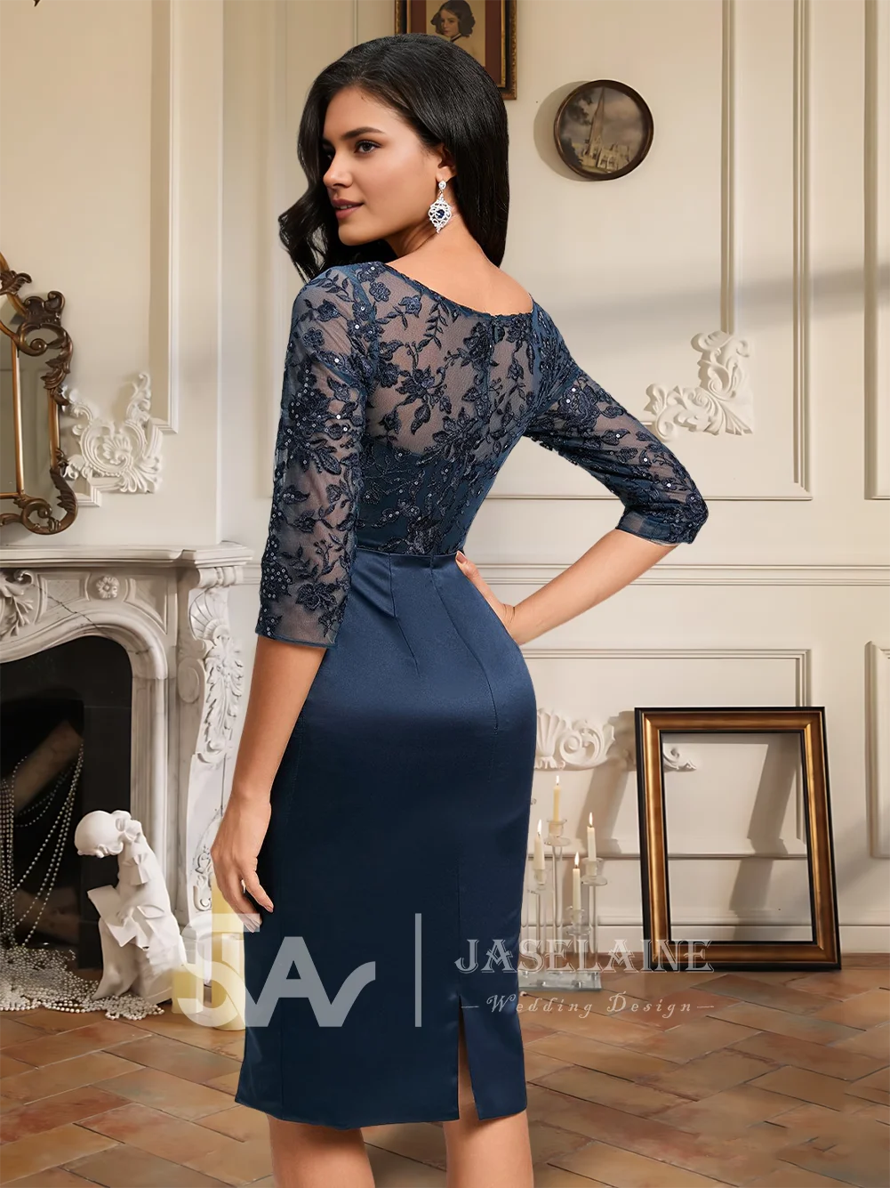 Luxury Sheath Column Scoop Satin Lace Cocktail Dresses With Sequins 1/2 Sleeve Knee Length Evening Party Women Prom Wedding