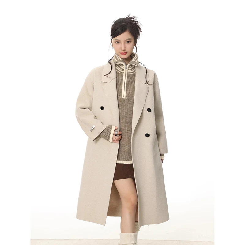 

Korean Fashion Women Casual Loose Woolen Coat Elegant Chic Solid Color Outerwear Long Overcoat Female Warm Coat