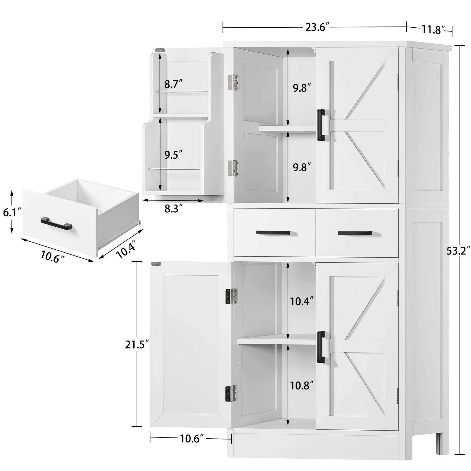 Pantry Cabinet with 2 Drawers, Kitchen Storage Cabinet with 4 Door Shelves