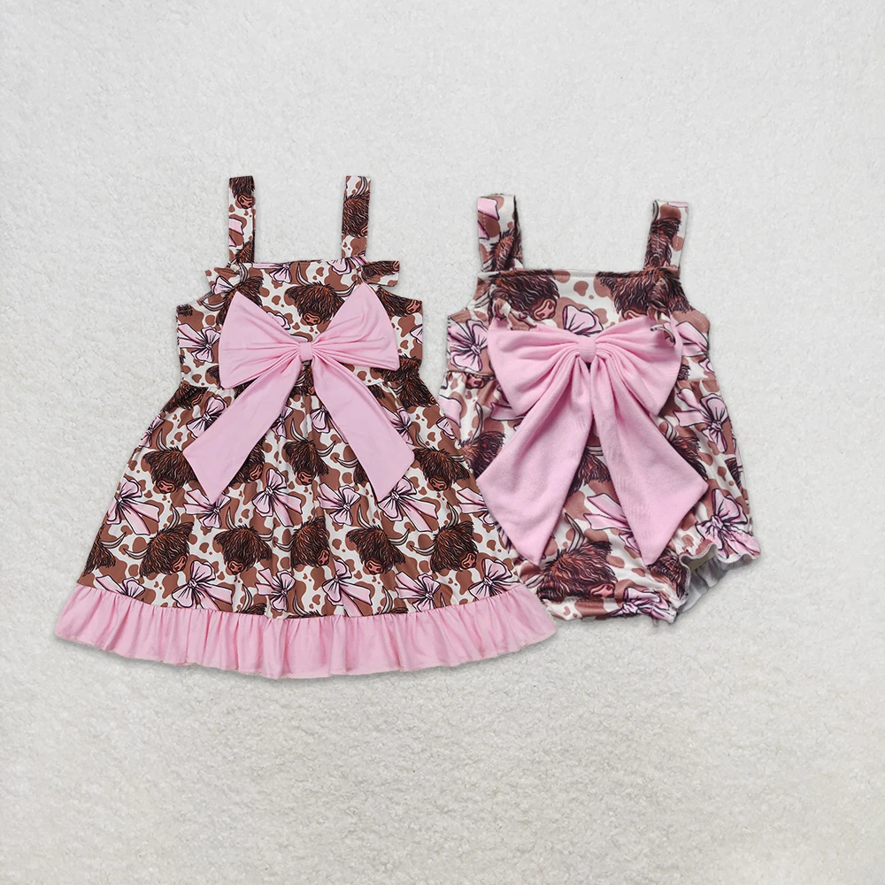 

Z1110-03 Kids Summer Clothes Short Sleeve Cow Print Dress And Romper Baby Girls Match Sibling Outfits
