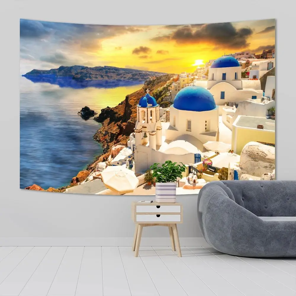 

Greek Island Tapestry Santorini Scenery Coastal Blue White Wall Hanging Art for Living Room Bedroom Dorm Beach Houses Parties