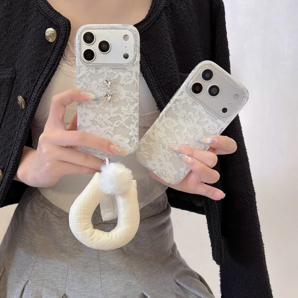 

Fashionable fresh white lace rhinestone phone case, for iPhone 13 14 15 16 17 ProMax, 16 17 Pro new shockproof protective case